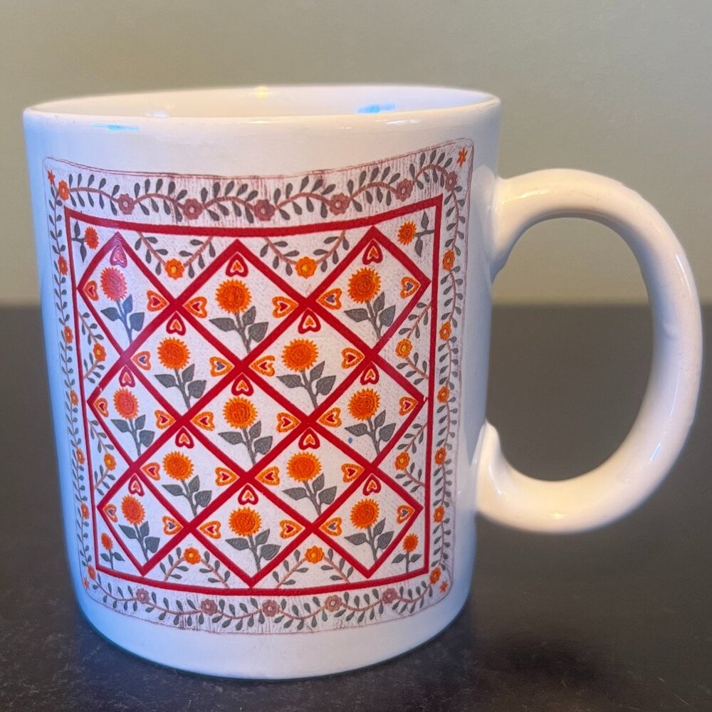 Vintage Otagiri Museum Folk Art Sunflowers Double Hearts Quilt Mug Coffee Cup